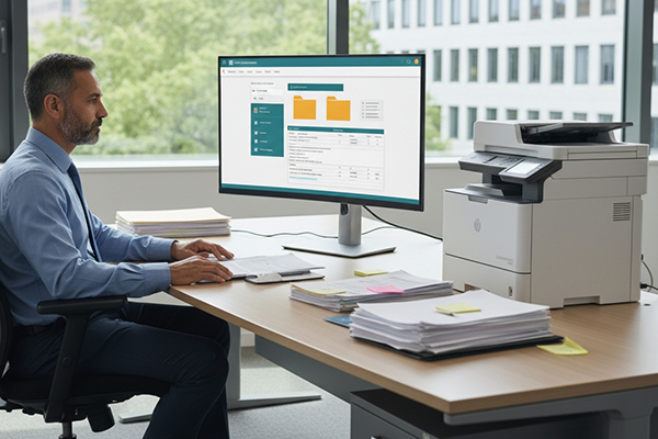 Ein Mitarbeiter prüft Verträge am Bildschirm