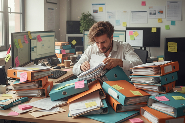 Ein Mann sitzt vor einem Ordnerhaufen