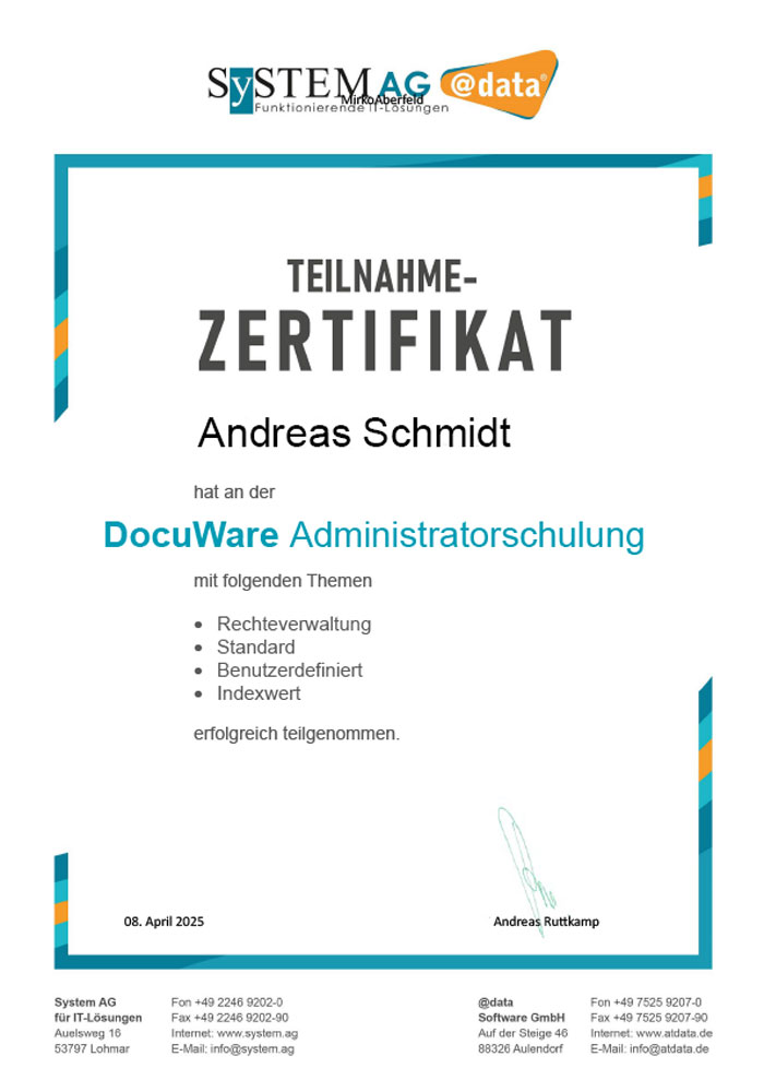 Darstellung des Teilnehmerzertifikats