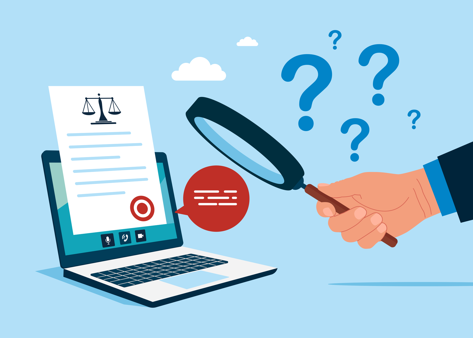 Illustration einer Hand mit Lupe, die ein Online-Dokument mit Justizsymbol auf Laptop überprüft, Fragezeichen im Hintergrund.