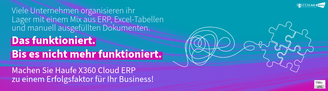 Banner in pink und lila mit der Aufschrift Viele Unternehmen arbeiten im Lager mit einem Mix aus ERP-System, Excel-Tabellen und manuell ausgefüllten Lieferscheinen. Das funktioniert. Bis es nicht mehr funktioniert.