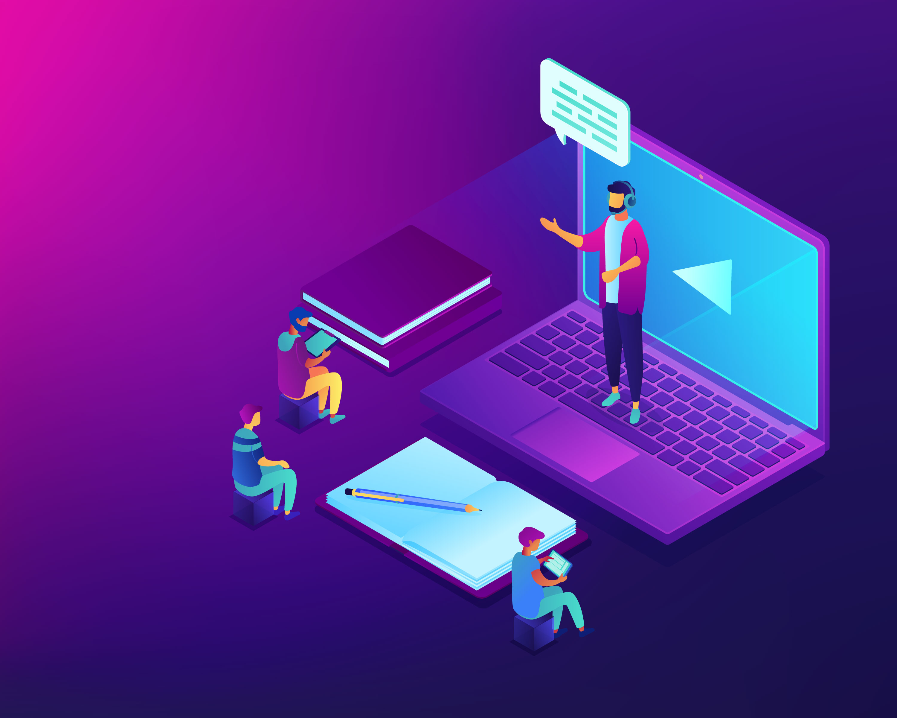 Illustration von Online-Lernen mit virtuellem Lehrer auf Laptop und Schülern mit Tablets und Büchern