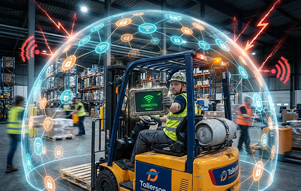 Mann im Lager auf Gabelstabler