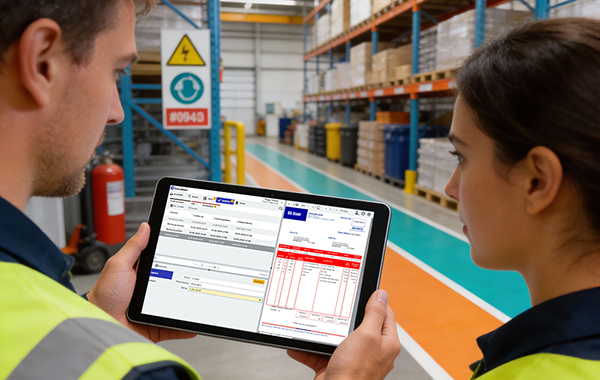 Zwei Lagermitarbeiter mit Tablet im Lager