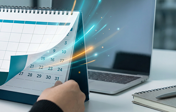 Ein Kalenderblatt vor einem Laptop mit Lichtblitzen