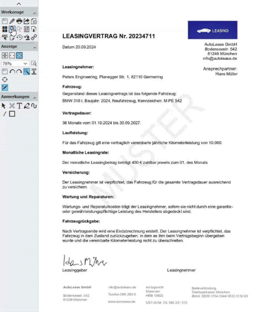 DocuWare Viewer, Beispielhafte Suche eines Begriffs in DocuWare