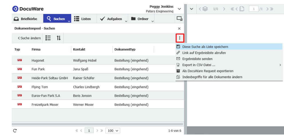 Docuware Suche als Liste speichern