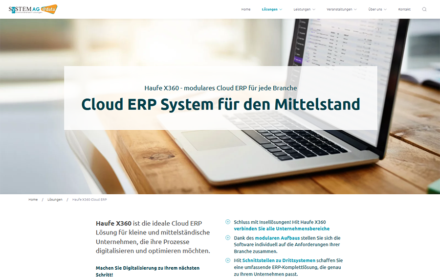 Ansicht der Haufe X360 Cloud ERP Produktseite auf der Homepage von SystemAG