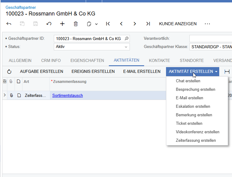 Screeshot Haufe x360 crm aktivitaet erstellen