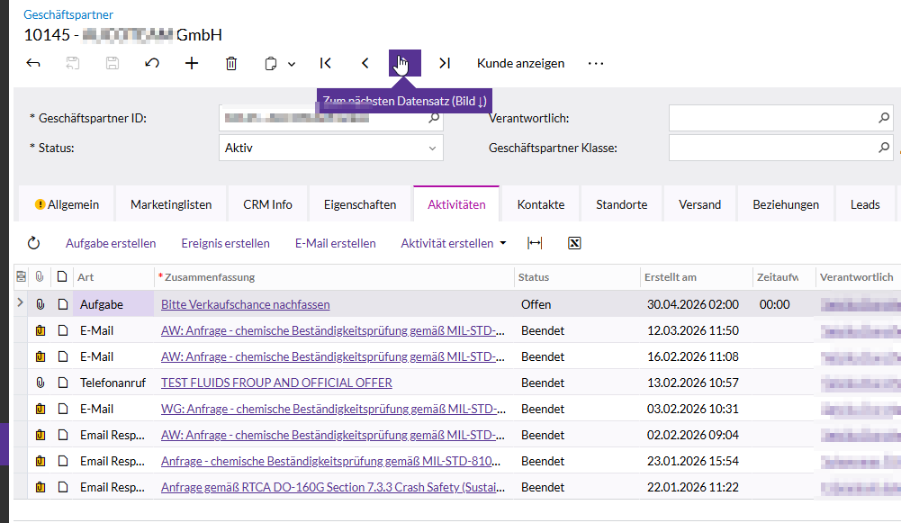 Screeshot Haufe x360 crm aktivitaet geschaeftskunde
