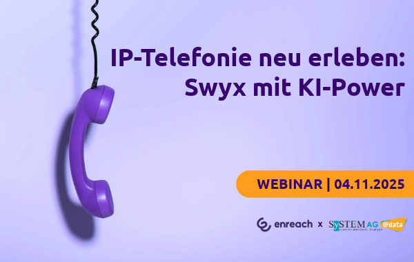 Lila Telefonhörer vor violettem Hintergrund mit Text: „IP Telefonie neu erleben: Swyx mit KI-Power – Webinar am 04.11.2025“.