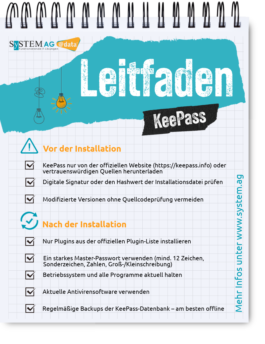 Leitfaden für KeePass: Checkliste für Tipps vor und nach der Installation. Greift die Stichpunkte aus dem Fließtext darüber auf.