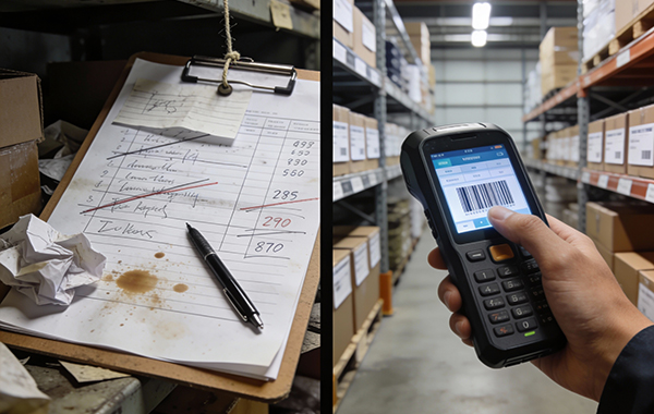 Linke Seite ist ein Klemmbrett, rechts seite ein mde gerät