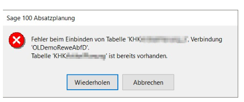 Sage 100 Fehlermeldung Einbinden von Tabellen 