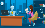 Roboter am Schreibtisch mit Bewerberin