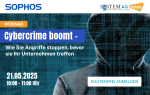 Webinareinladung zu Cybercrime in Unternehmen am 21.05.25. Hintergrund Hackersilhouette mit Kaputzenpulli