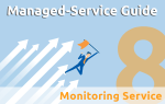 Geschäftsmann mit Fahne steigt mit Pfeilen nach oben, Text „Managed-Service Guide – Monitoring Service“