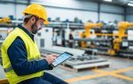 Industriearbeiter mit Helm und Warnweste nutzt Tablet mit IAS-BDE-Lösung in Fabrikhalle