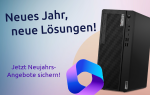 Desktop-PC und Microsoft 365 Logo mit Schriftzug "Neues Jahr, neue Lösungen!" und Neujahrsangebote.