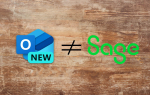Logo von Outlook New und Sage mit dem Ungleichzeichen dazwischen
