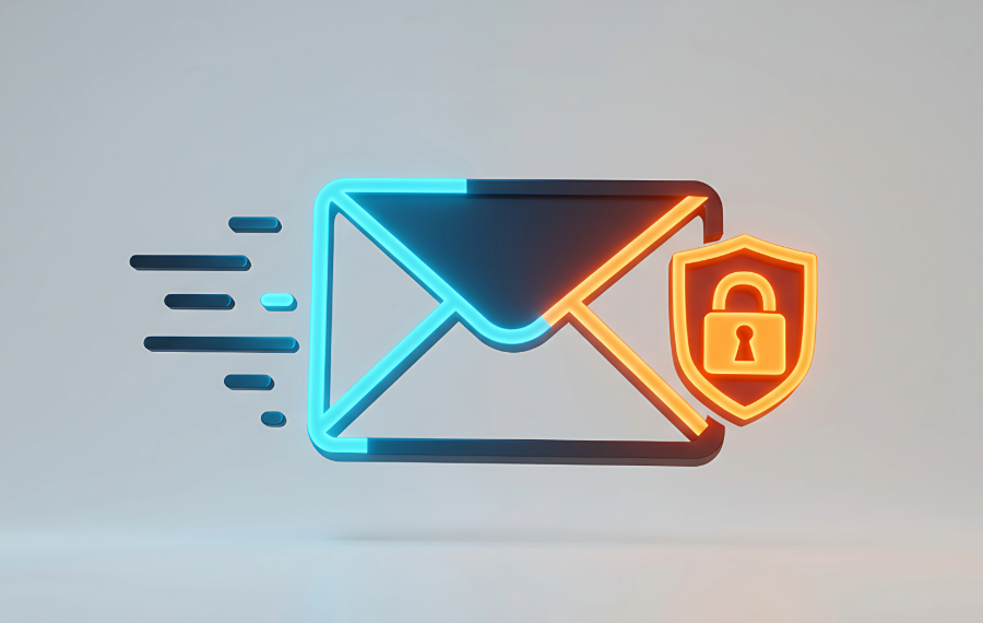 Leuchtendes E-Mail-Symbol mit Schloss und Schild als Konzept für sichere E-Mail-Kommunikation, Verschlüsselung und Datenschutz.