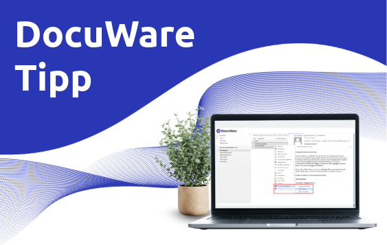 DocuWare Tipp mit einem Laptop und einer Ordnerstruktur.