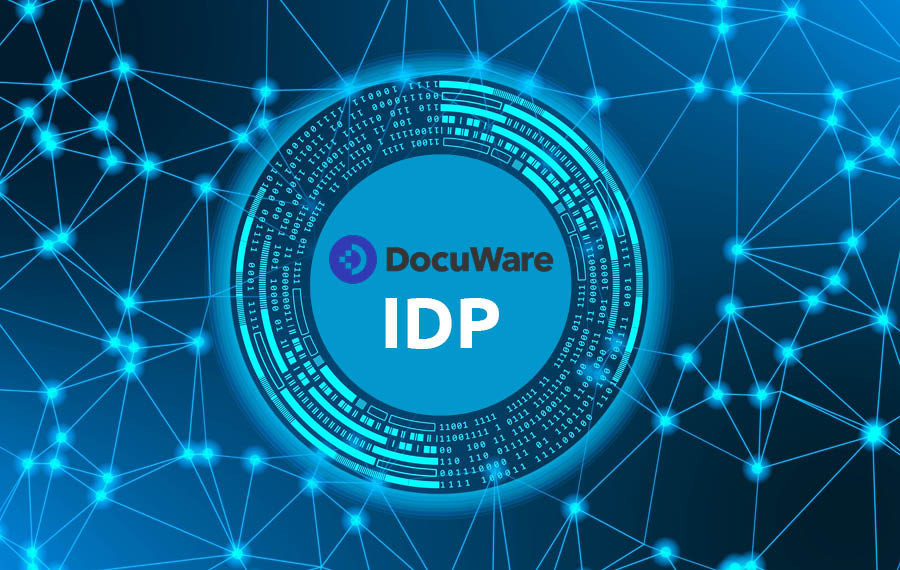 DocuWare IDP Logo mit digitalem Netzwerk-Hintergrund und Binärcode