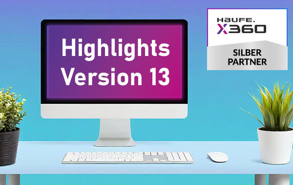 Computer-Monitor mit den Wörtern Highlights Version 13 + Haufe X360 Logo