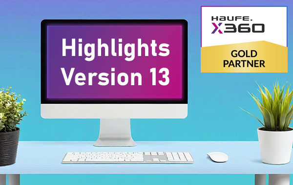 Computer-Monitor mit den Wörtern Highlights Version 13 + Haufe X360 Logo