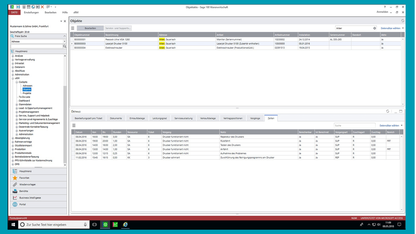 Screenshot aus der Sage 100 xrm Anwendung, Serviceanfragen
