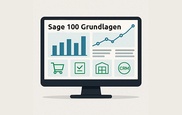 Montor mit ERP System und dem Satz Sage 100 Grundlagen