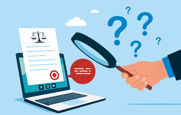 Illustration einer Hand mit Lupe, die ein Online-Dokument mit Justizsymbol auf Laptop überprüft, Fragezeichen im Hintergrund.