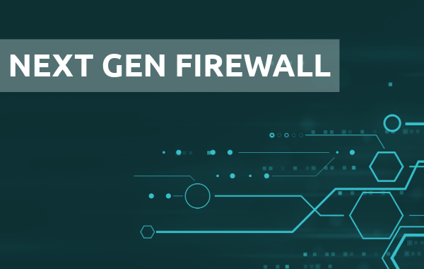 Text "Next Gen Firewall" auf futuristischem Hintergrund mit digitalen, hexagonalen Netzwerkstrukturen.