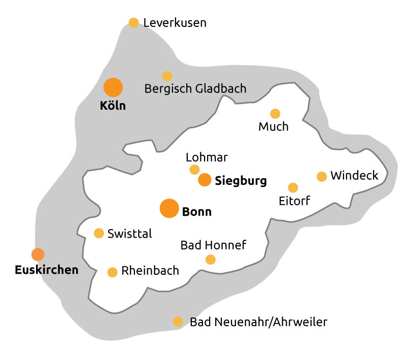 Landkarte mit den Stadten im Rhein-Sieg-Kreis und Umgebung