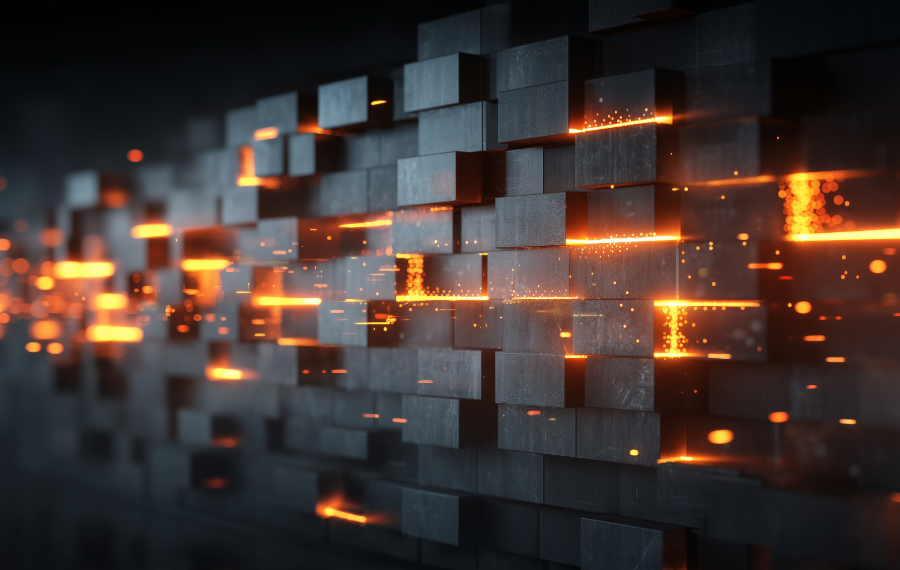 Abstrakte digitale Blöcke mit leuchtenden Datenströmen als Symbol für Firewall, Netzwerksicherheit und Schutz der IT-Infrastruktur.