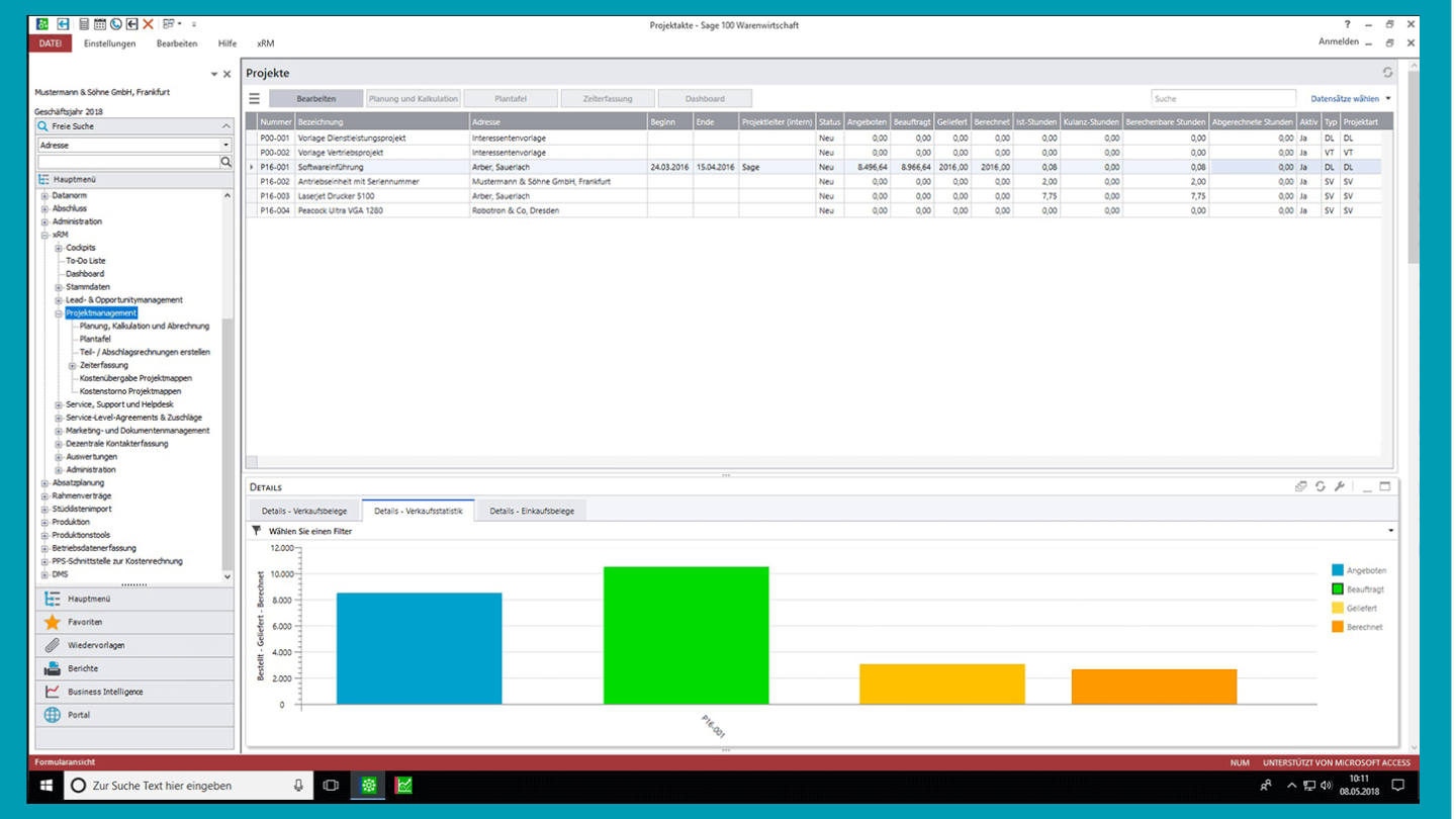 Screenshot aus der Sage 100 xrm Anwendung, Projektverwaltung