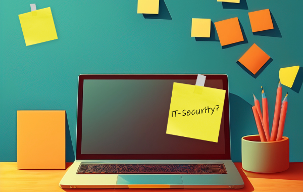 Laptop mit Post-it „IT-Security?“ auf dem Bildschirm, umgeben von Notizzetteln und Stiften auf einem Schreibtisch.