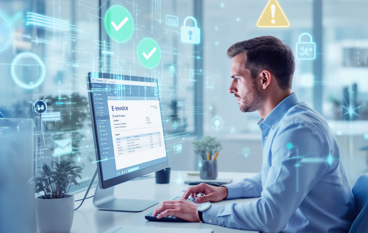 Mann am Computer öffnet eine E-Rechnung