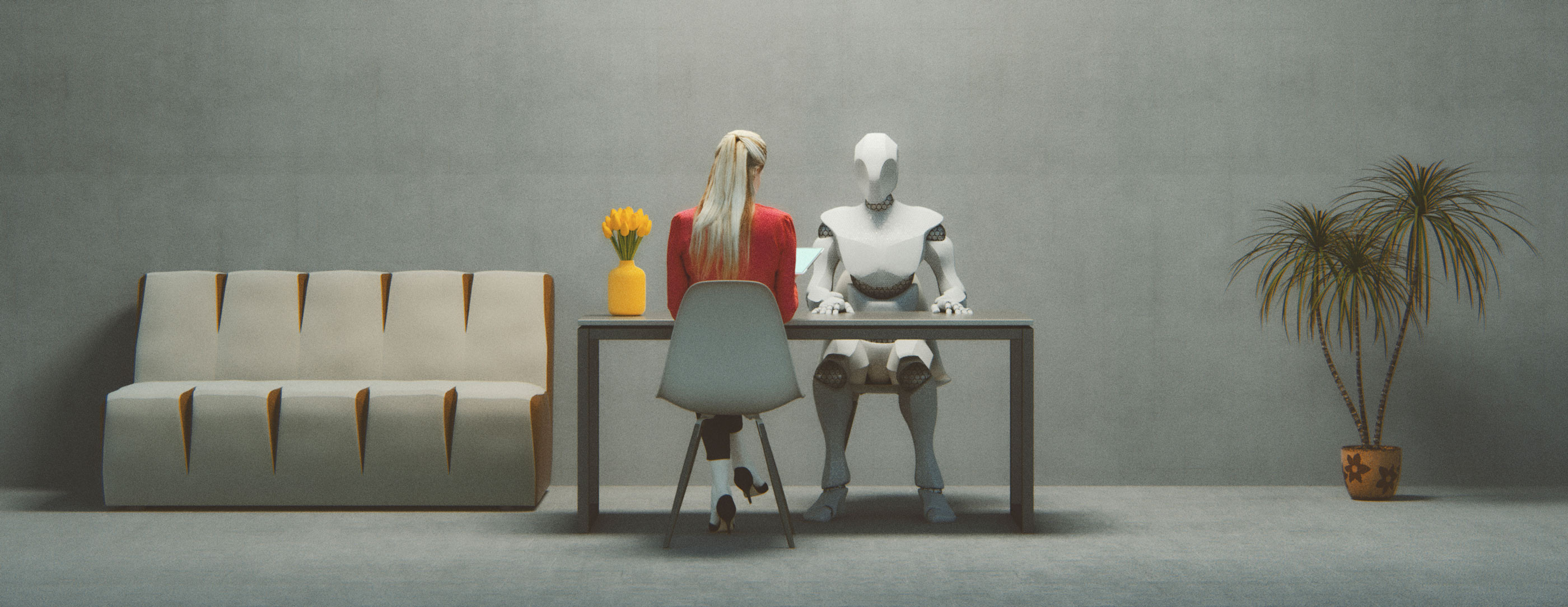 Frau und Roboter sitzen sich an einem Tisch im Büro gegenüber
